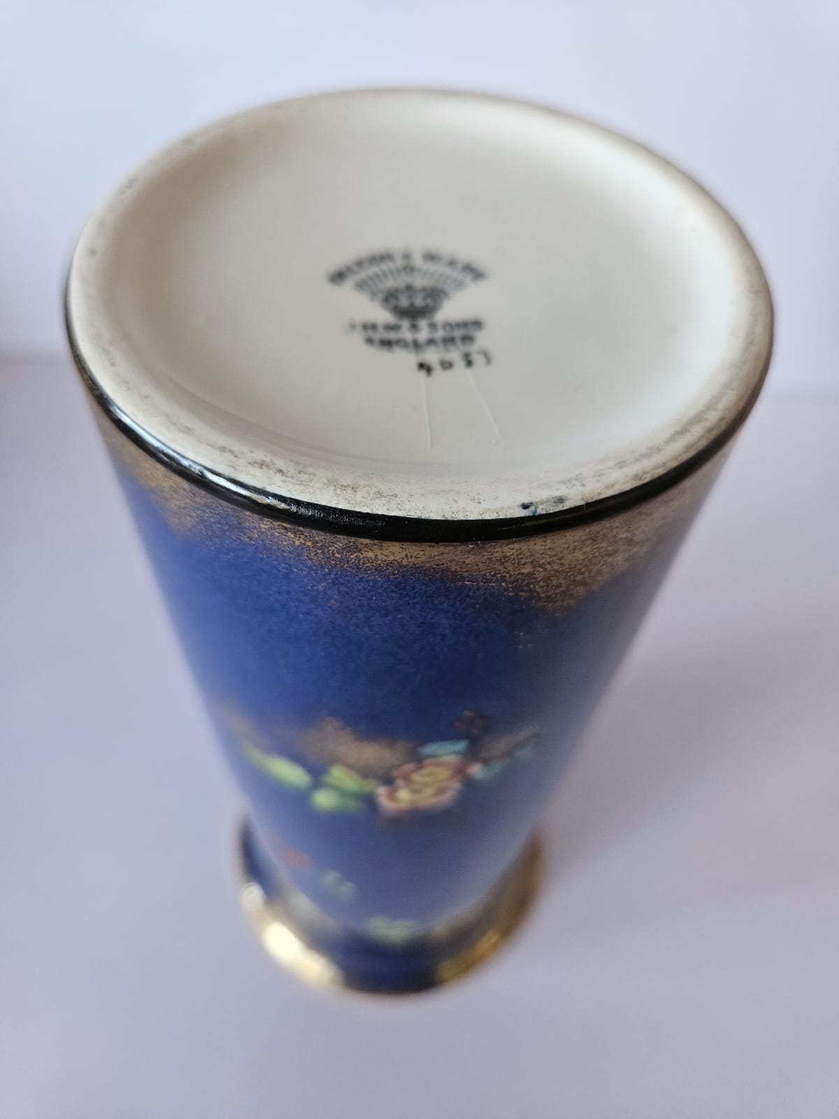 J H W & Sons Falcon Ware Cylinder Shaped Vase 1930s Cobalt Blue Floral and Butterfly 4053