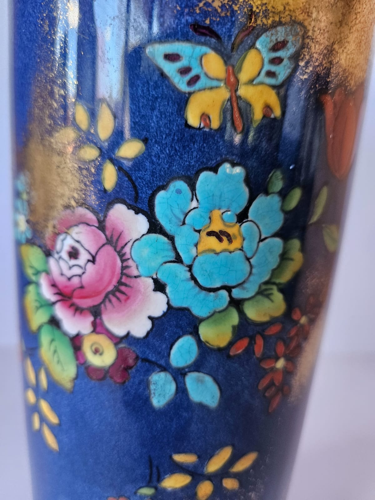 J H W & Sons Falcon Ware Cylinder Shaped Vase 1930s Cobalt Blue Floral and Butterfly 4053