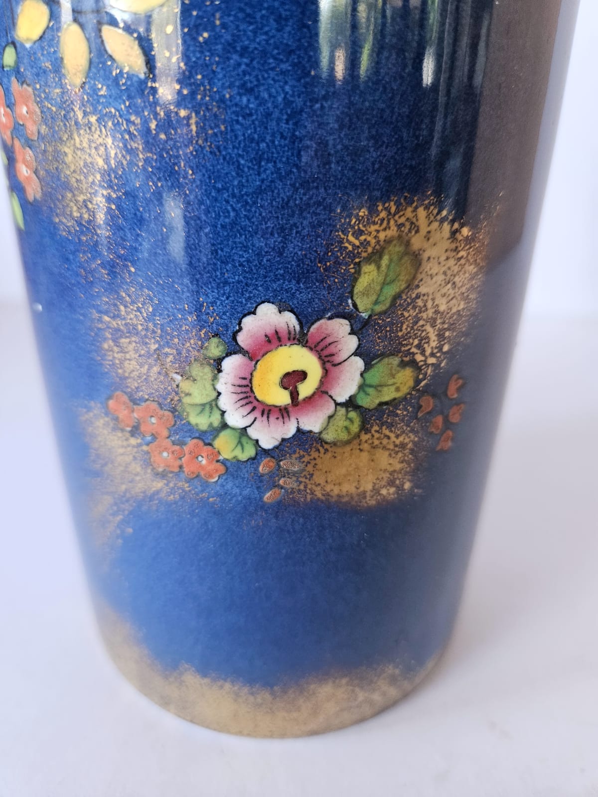 J H W & Sons Falcon Ware Cylinder Shaped Vase 1930s Cobalt Blue Floral and Butterfly 4053