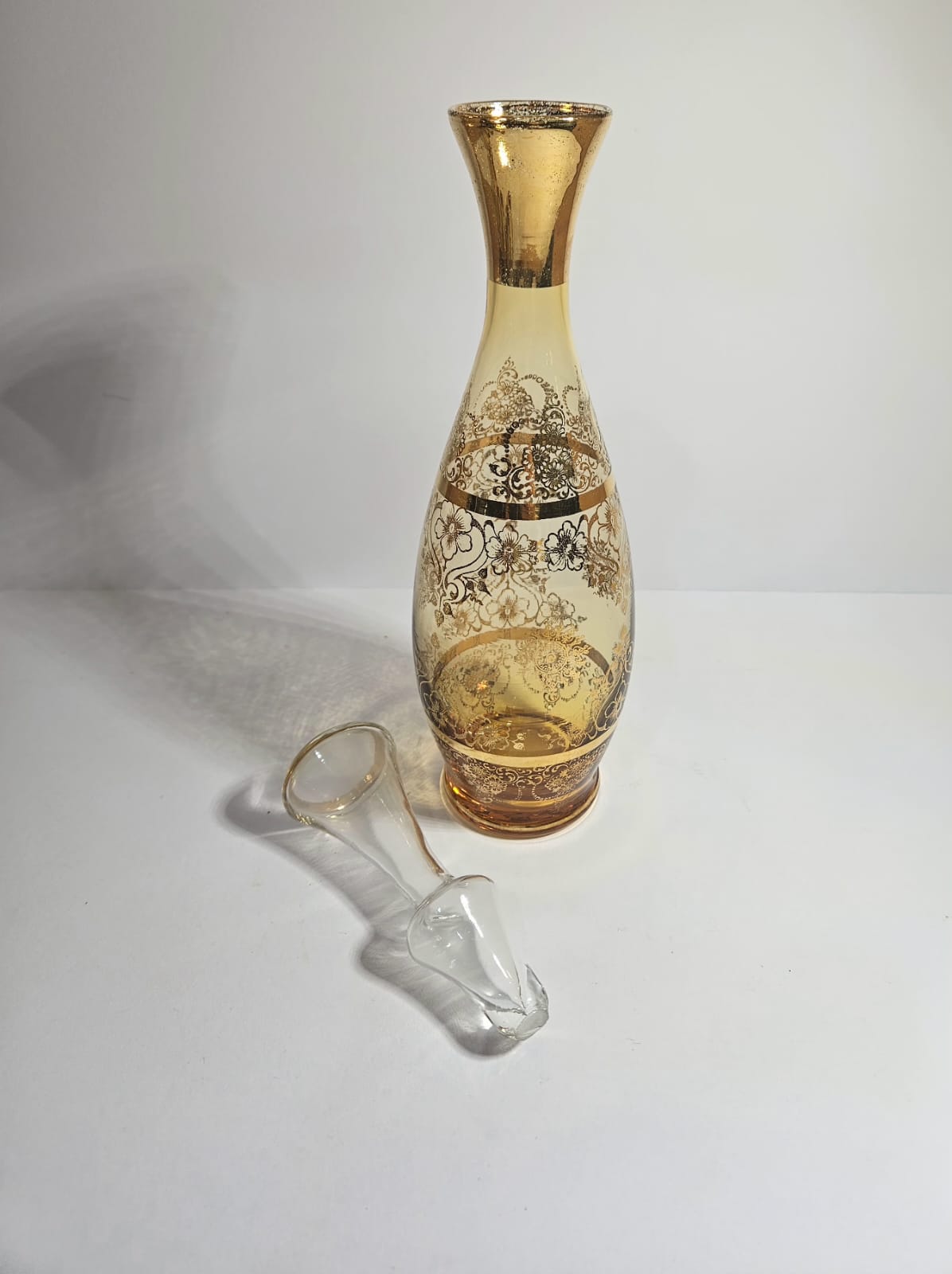 Vintage LAGUNA Murano Glass Amber & Gold Leaf decanter 6 glasses