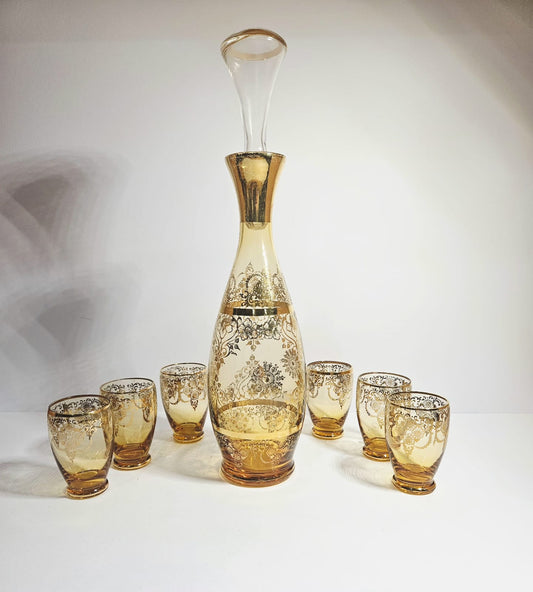 Vintage LAGUNA Murano Glass Amber & Gold Leaf decanter 6 glasses