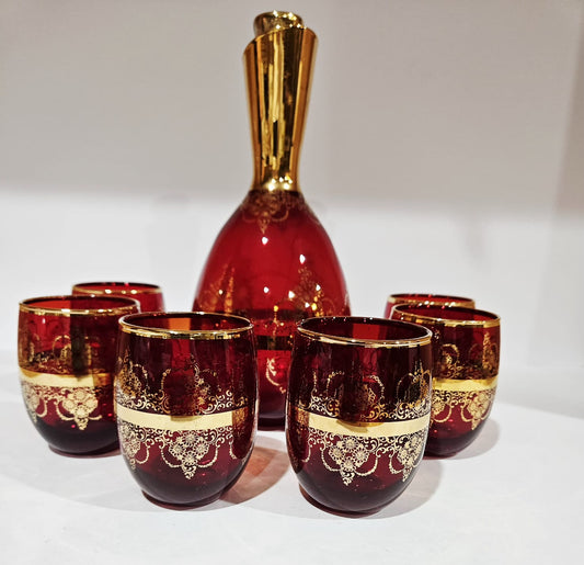 Ferro & Lazzarini Murano Ruby Red Glass Decanter set with 6 glasses