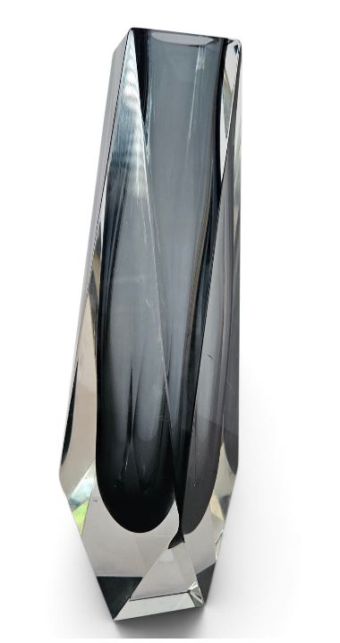 Flavio Poli Murano Grey Sommerso Faceted Diamond Vase 1970s