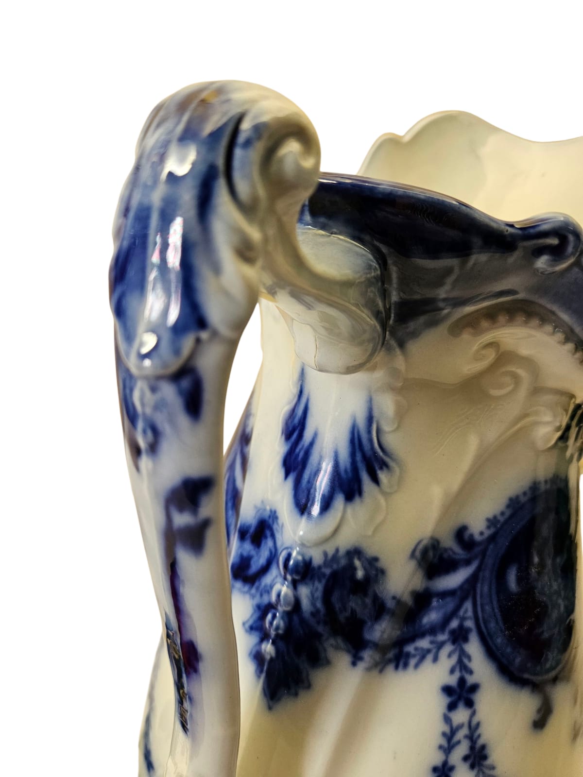 Large Antique Flow Blue "Argyle" Pitcher W. H. Grindley 1896 England