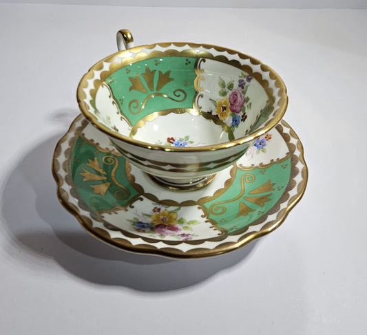 E.B. Foley Green and White Panel Teacup and Saucer with Flowers c.1970