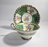 E.B. Foley Green and White Panel Teacup and Saucer with Flowers c.1970