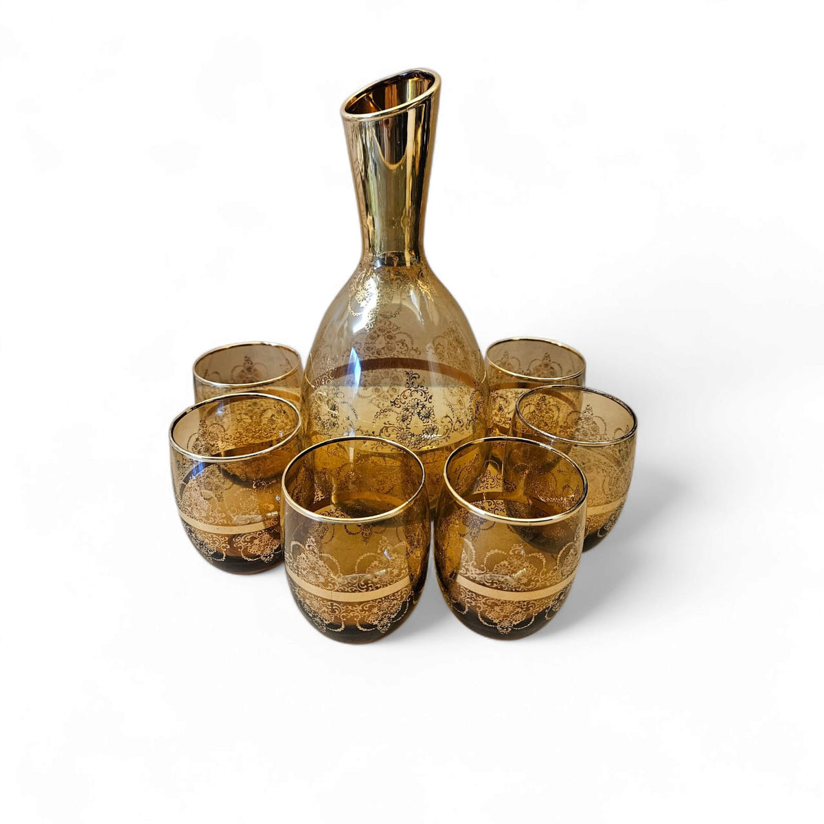 Vintage Italian Murano Glass Amber Gold Gilt Wine Set