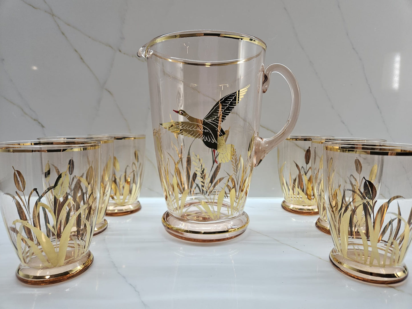 Fabulous Retro kitsch Pale pink and Gold Lemonade set with six glasses