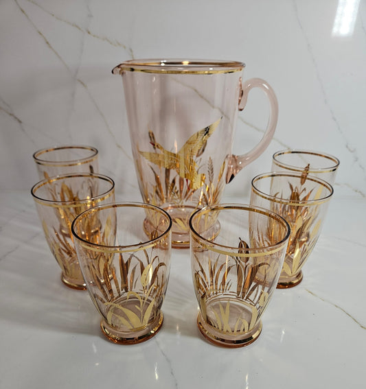 Fabulous Retro kitsch Pale pink and Gold Lemonade set with six glasses