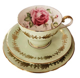Vintage 1930s Aynsley Trio Pistachio Green with Gold Fern & Pink Cabbage Rose
