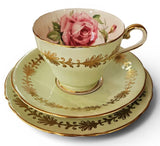 Vintage 1930s Aynsley Trio Pistachio Green with Gold Fern & Pink Cabbage Rose