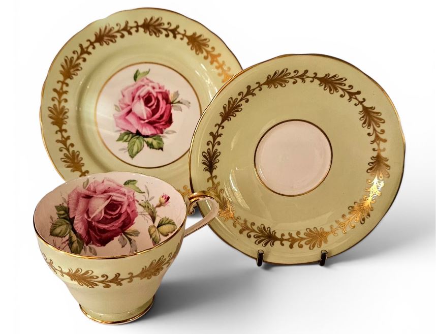 Vintage 1930s Aynsley Trio Pistachio Green with Gold Fern & Pink Cabbage Rose