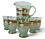 Vintage Green & Gold Glass Lemonade Set – Jug and 5 Glasses MCM