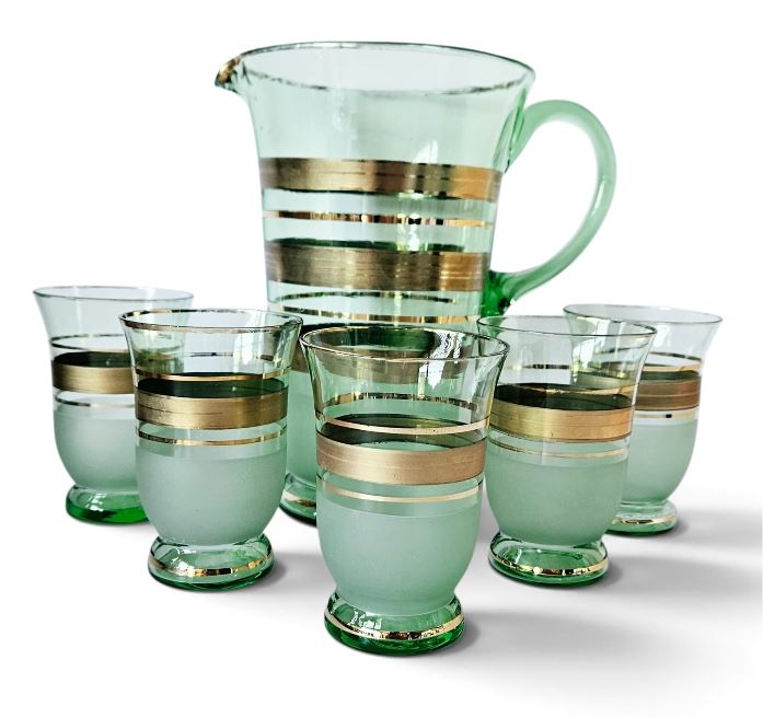 Vintage Green & Gold Glass Lemonade Set – Jug and 5 Glasses MCM
