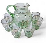Vintage Green & Gold Trim Pitcher & 6 Glasses with elegant etched antelope.