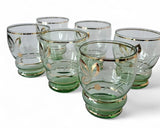 Vintage Green & Gold Trim Pitcher & 6 Glasses with elegant etched antelope.