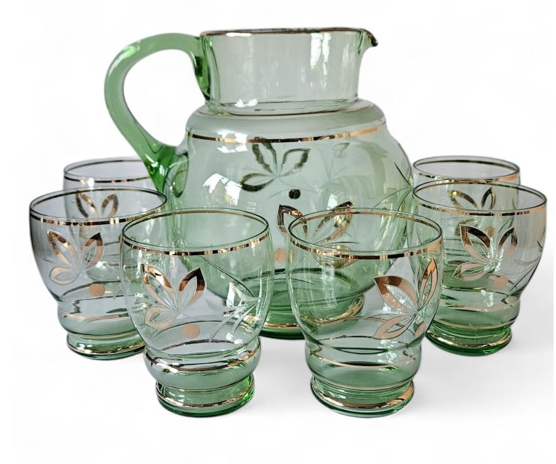 Vintage Green & Gold Trim Pitcher & 6 Glasses with elegant etched antelope.