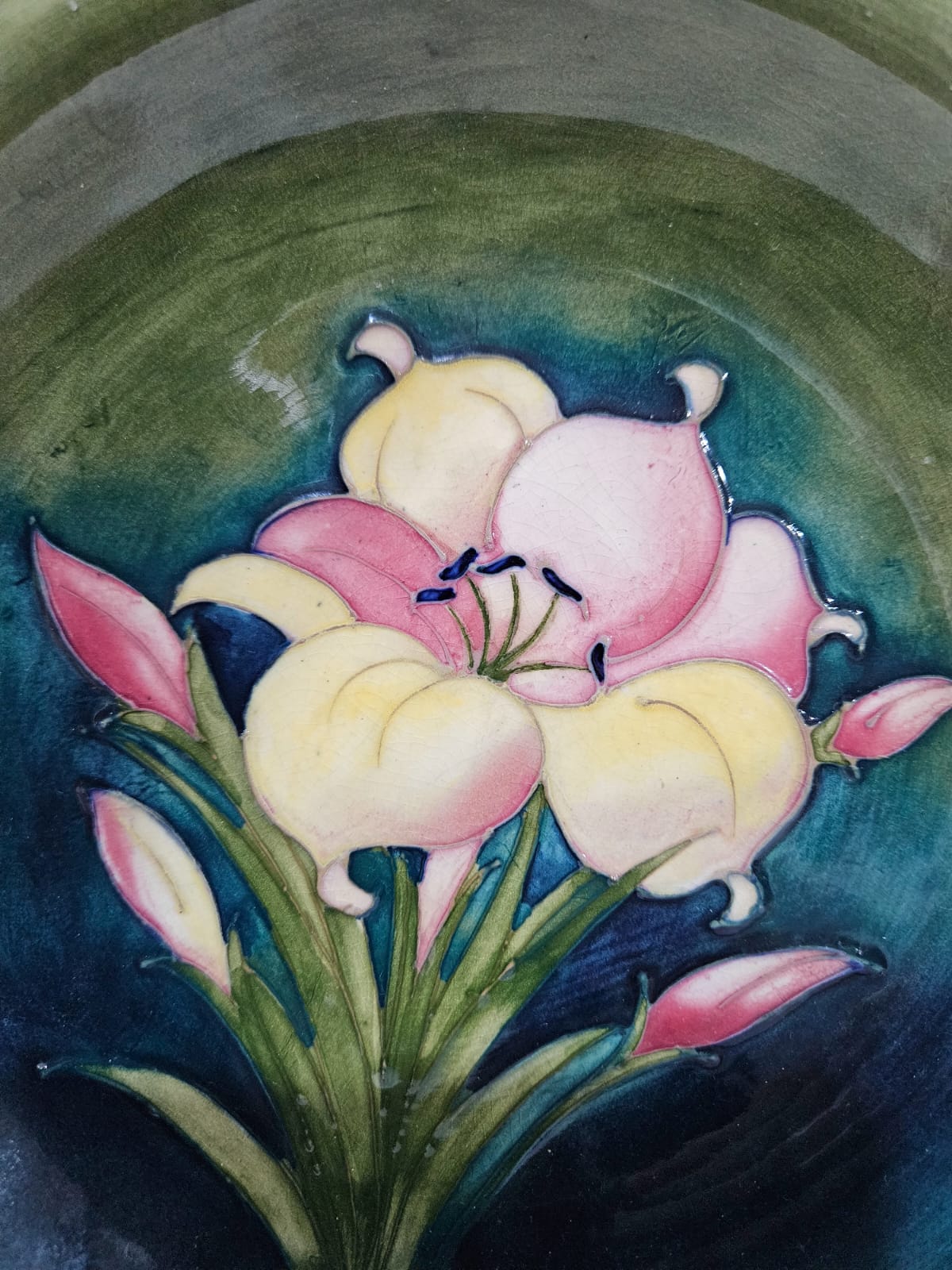 Walter Moorcroft Pottery Plate in the African Lily pattern circa 1955
