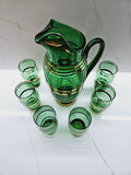 Vintage Bohemian Czech Green Glass Cocktail Decanter Pitcher & 6 Matching Glasses Green and Gold Bands