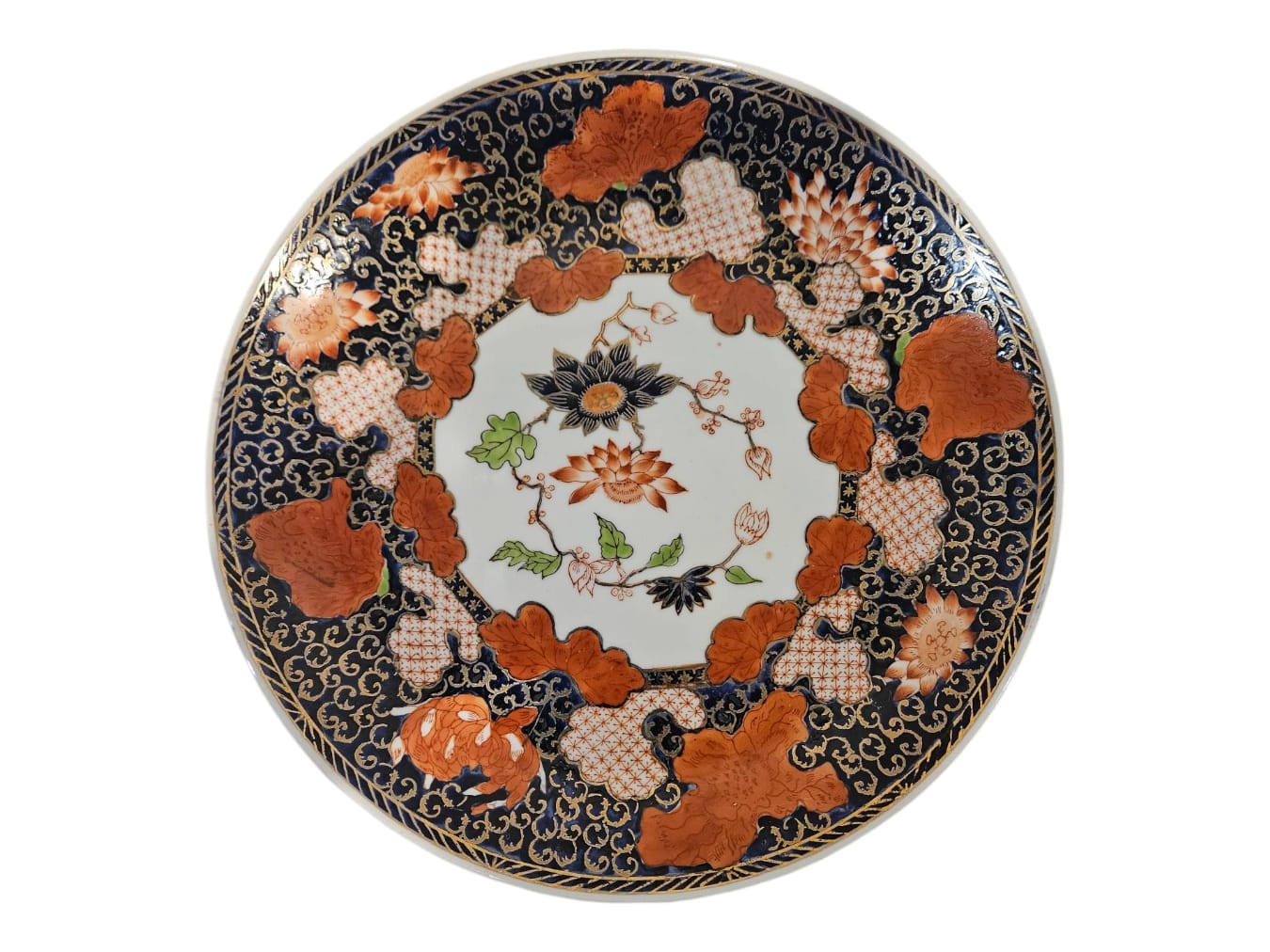 Blue, Red and Gold Porcelain Charger Hand Painted by Yuet Tung China Works Hong Kong
