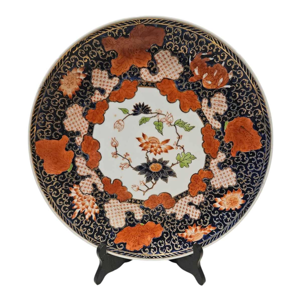 Blue, Red and Gold Porcelain Charger Hand Painted by Yuet Tung China Works Hong Kong