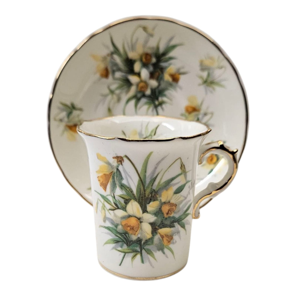 Service à café vintage Hammersley en porcelaine fine, 15 pièces, motif jonquilles jaunes, années 1940