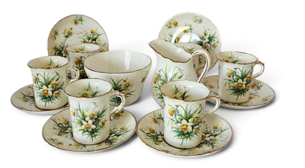 Vintage Hammersley Bone China 14pc Coffee Set Yellow Jonquils 1940s