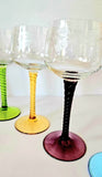 Six Vintage Harlequin High stem Engraved Wine Hock Glasses c1960
