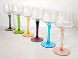 Six Vintage Harlequin High stem Engraved Wine Hock Glasses c1960