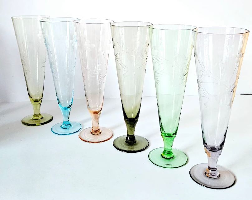 6 Vintage Harlequin Pilsner Glasses Etched with Flower designs