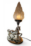 Antique Art Deco Chromed on copper Horse Figural Table Lamp with Flame shade