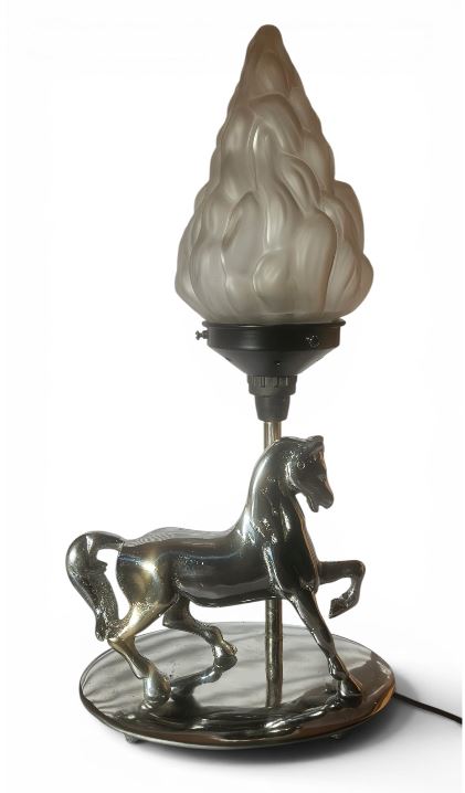 Antique Art Deco Chromed on copper Horse Figural Table Lamp with Flame shade