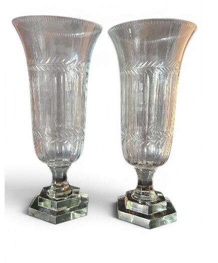 A pair of cut glass hurricane vases "Abacus" 31cm