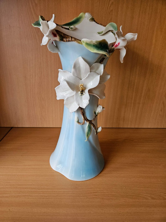 Art Nouveau inspired Tall Porcelain Vase with Water Lilies and bees