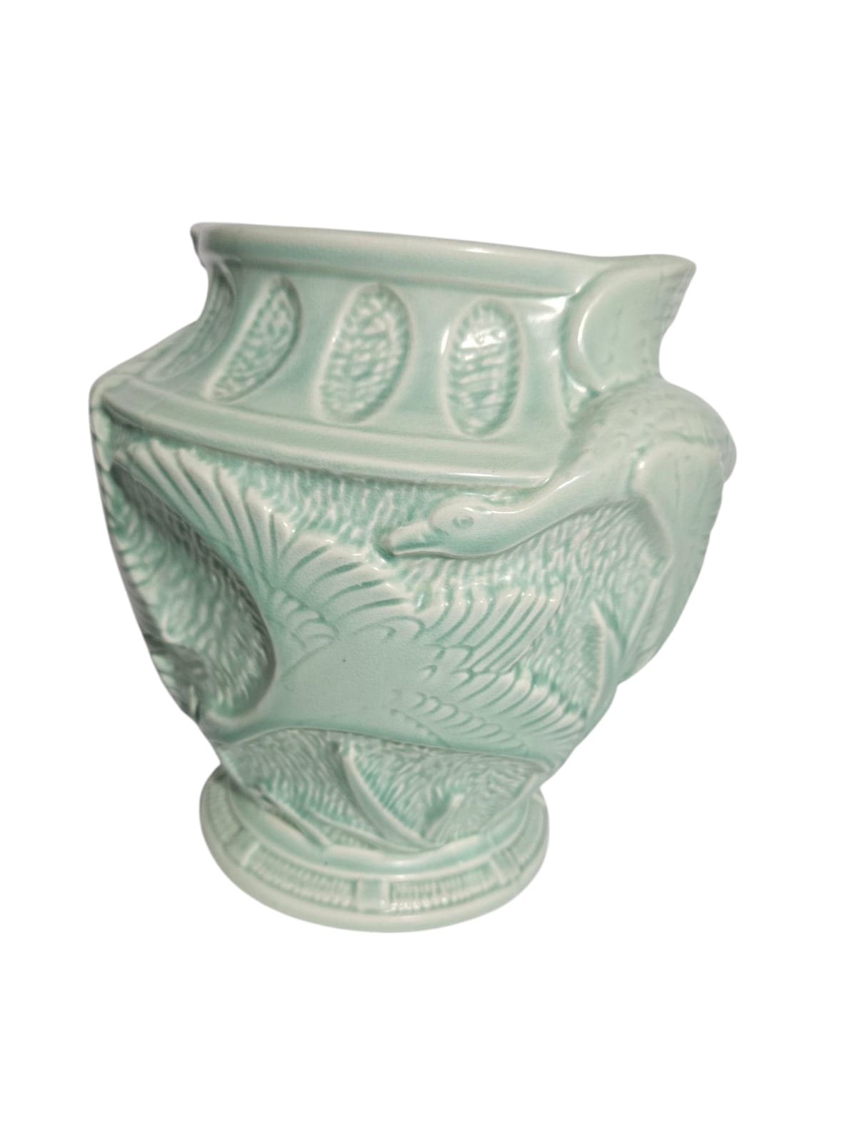 Vintage ironstone Burleigh Ware vase, pale minty green ceramic vase with birds in flight