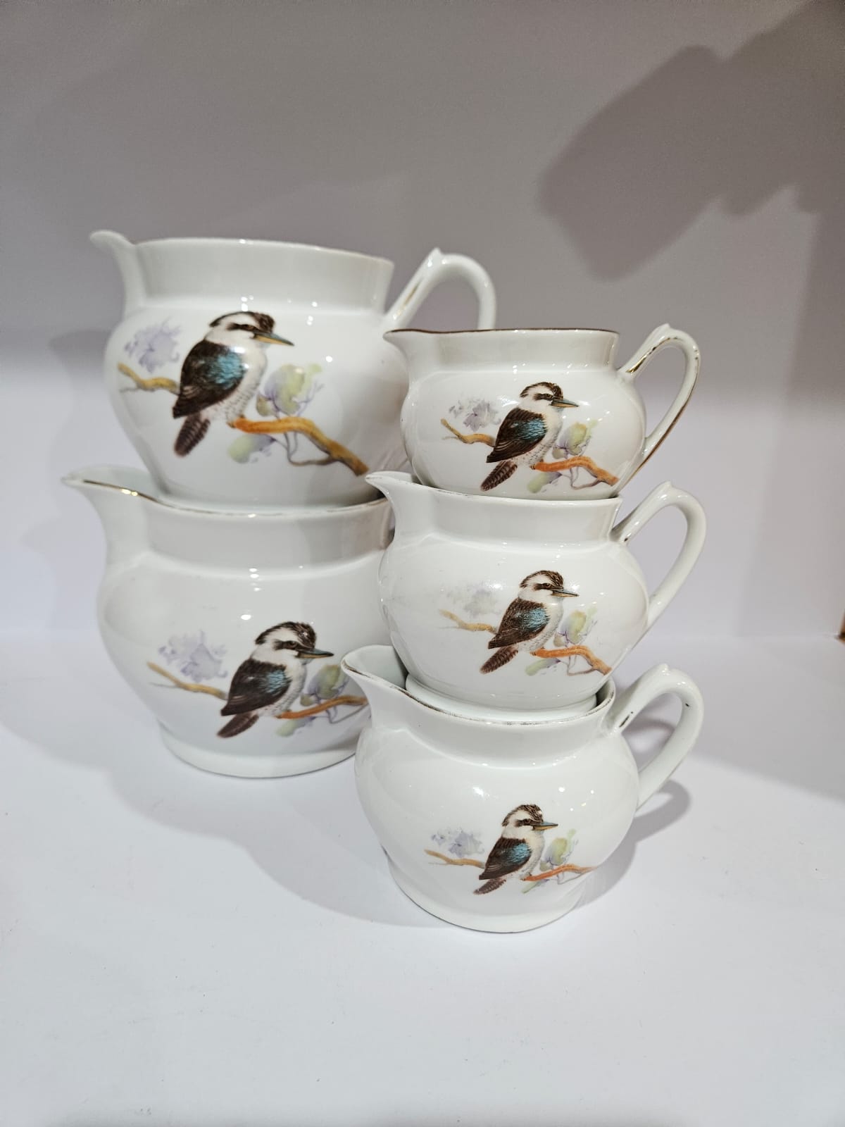 RARE! Vintage Art Deco Kookaburra Bone China set of 5 graduated Jugs - Keh Scherzer Bavaria 1930's