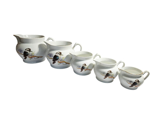 RARE! Vintage Art Deco Kookaburra Bone China set of 5 graduated Jugs - Keh Scherzer Bavaria 1930's