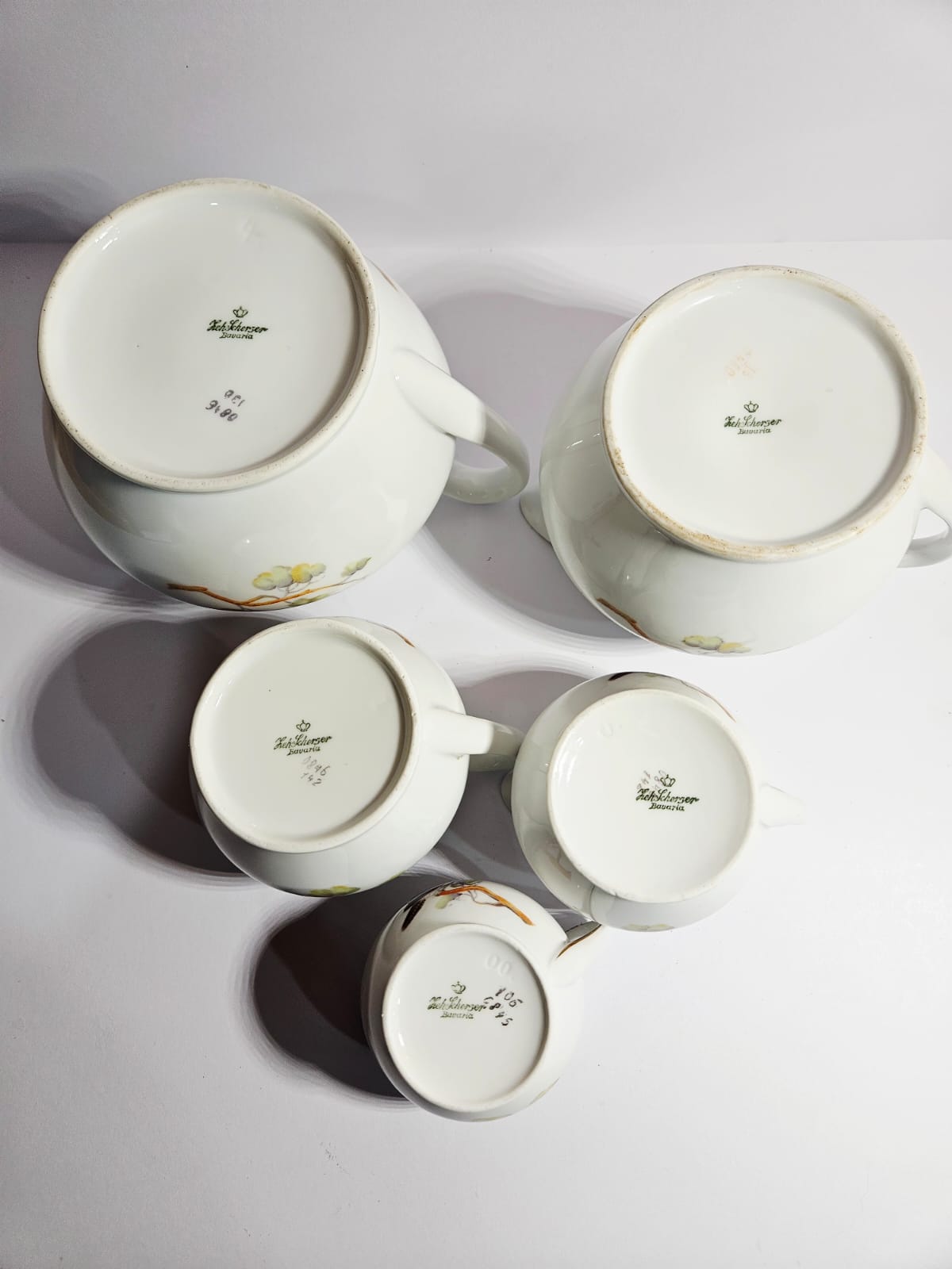 RARE! Vintage Art Deco Kookaburra Bone China set of 5 graduated Jugs - Keh Scherzer Bavaria 1930's