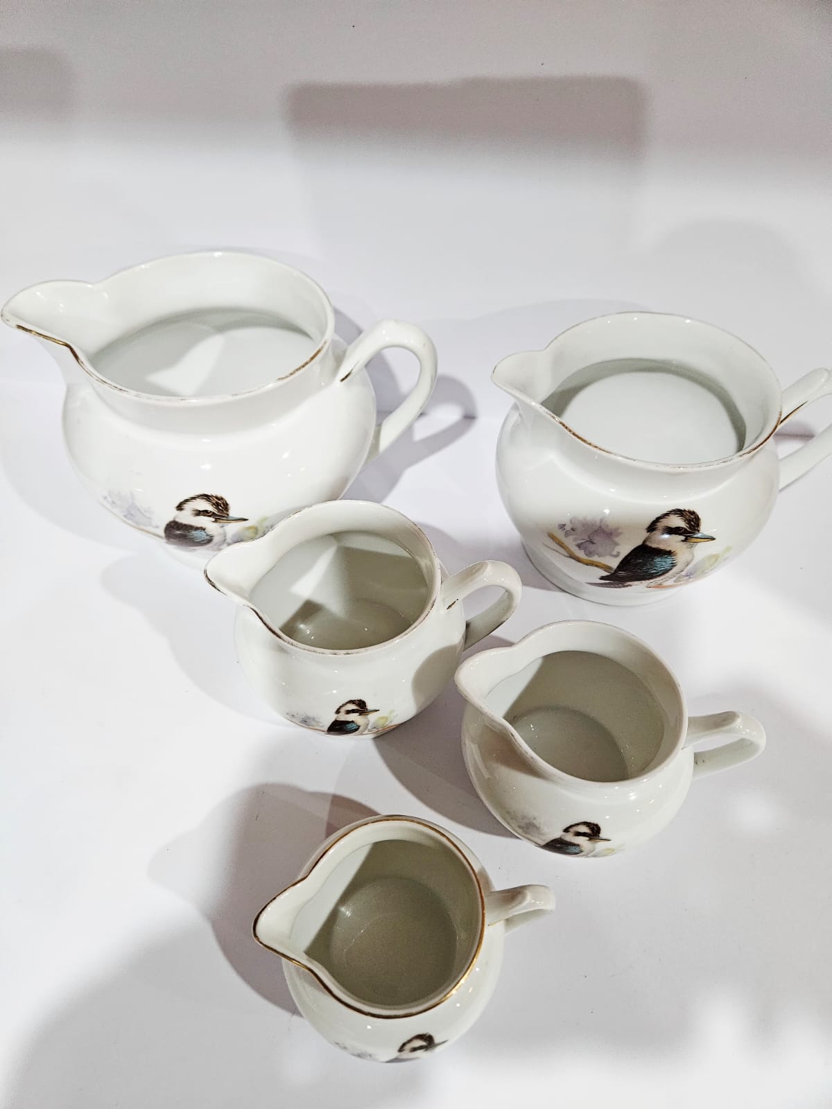 RARE! Vintage Art Deco Kookaburra Bone China set of 5 graduated Jugs - Keh Scherzer Bavaria 1930's