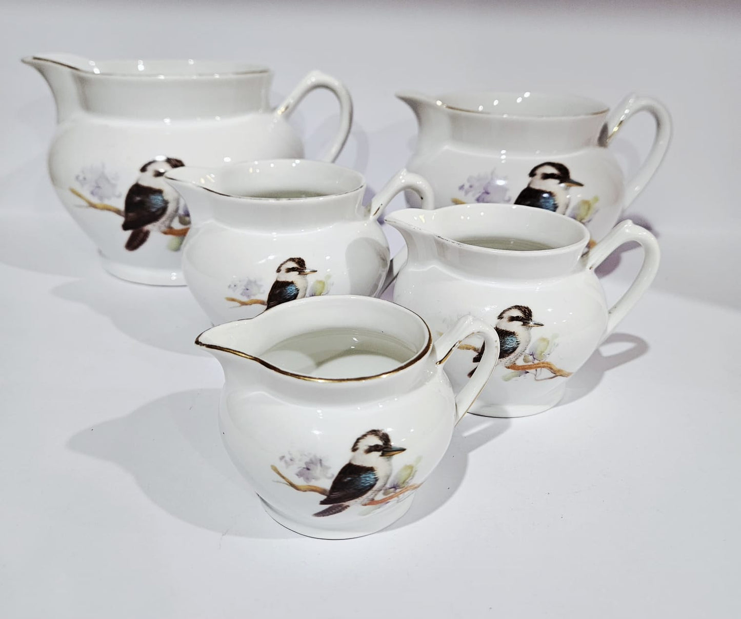 RARE! Vintage Art Deco Kookaburra Bone China set of 5 graduated Jugs - Keh Scherzer Bavaria 1930's