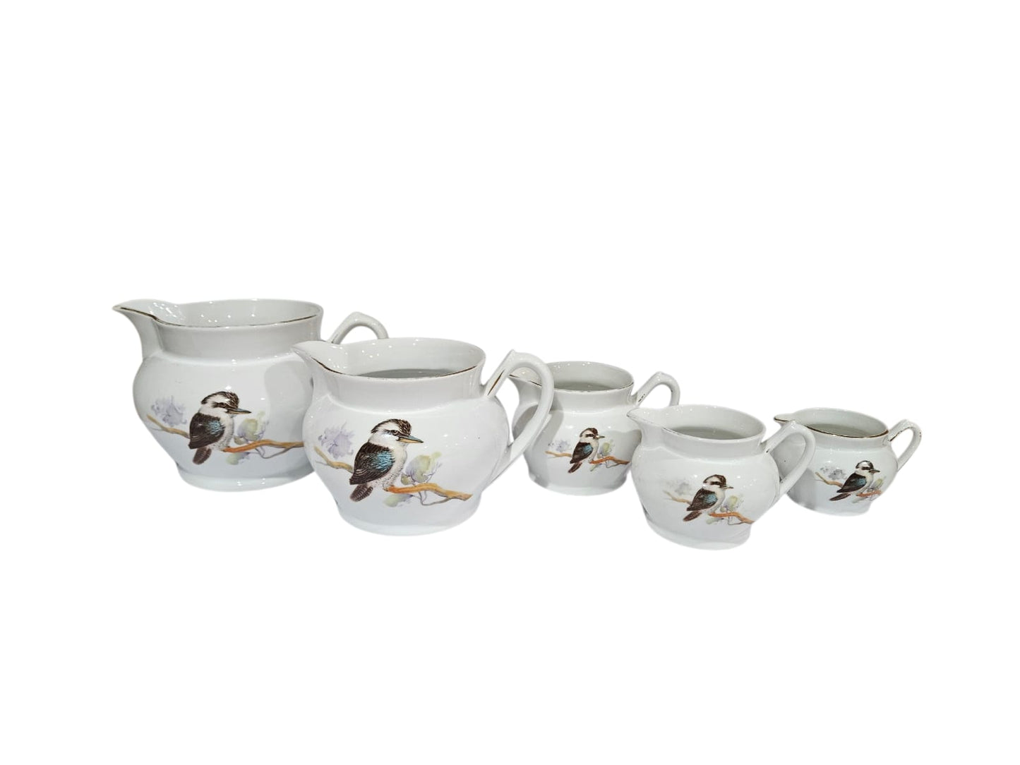 RARE! Vintage Art Deco Kookaburra Bone China set of 5 graduated Jugs - Keh Scherzer Bavaria 1930's