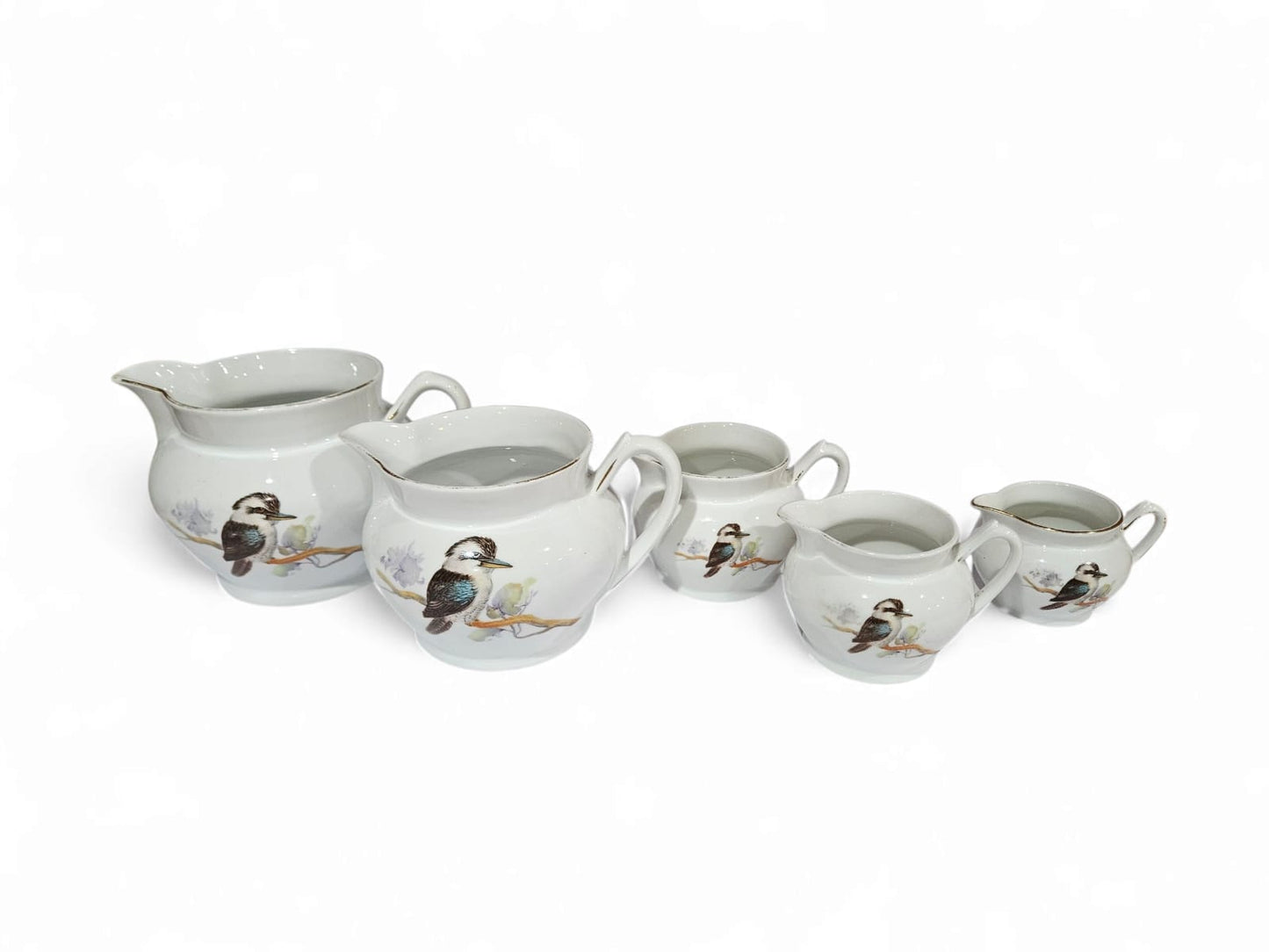 RARE! Vintage Art Deco Kookaburra Bone China set of 5 graduated Jugs - Keh Scherzer Bavaria 1930's