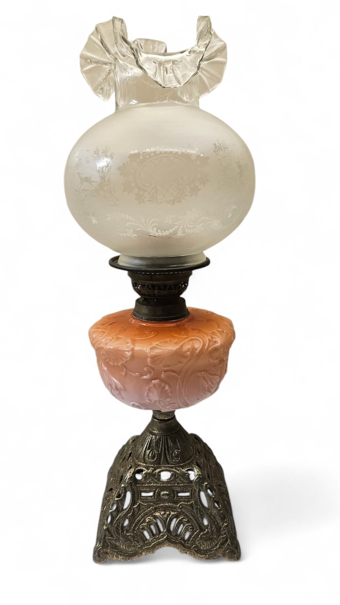 Antique Victorian-era kerosene Pink Opaline Glass oil lamp 19th Century