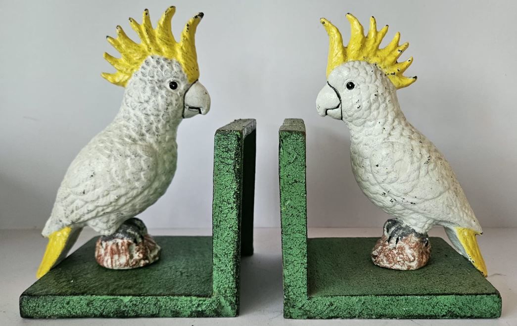 Pair of Cast Iron Cockatoo Bird Bookends Retro Green Base