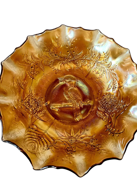 Crown Crystal Carnival glass master Bowl, Marigold Kookaburra