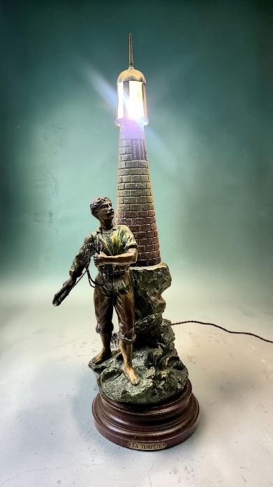 Antique French spelter Figural Lighthouse Lamp, "La Tempete" circa 1915