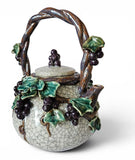 Large Vintage Majolica Pottery Teapot Purple Grape and vine leaves