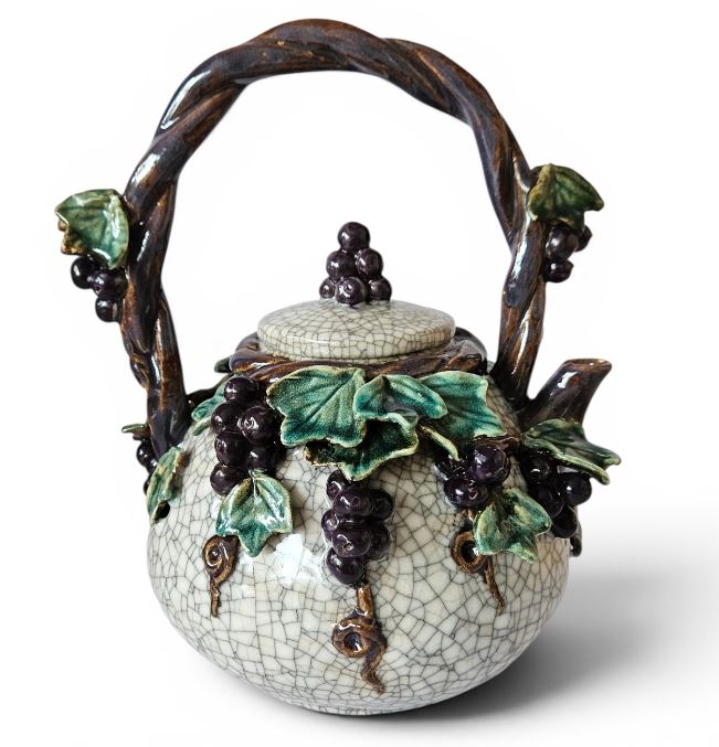 Large Vintage Majolica Pottery Teapot Purple Grape and vine leaves