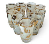 9 x Vintage Libbey Frosted Glass Golden Foliage 1950s