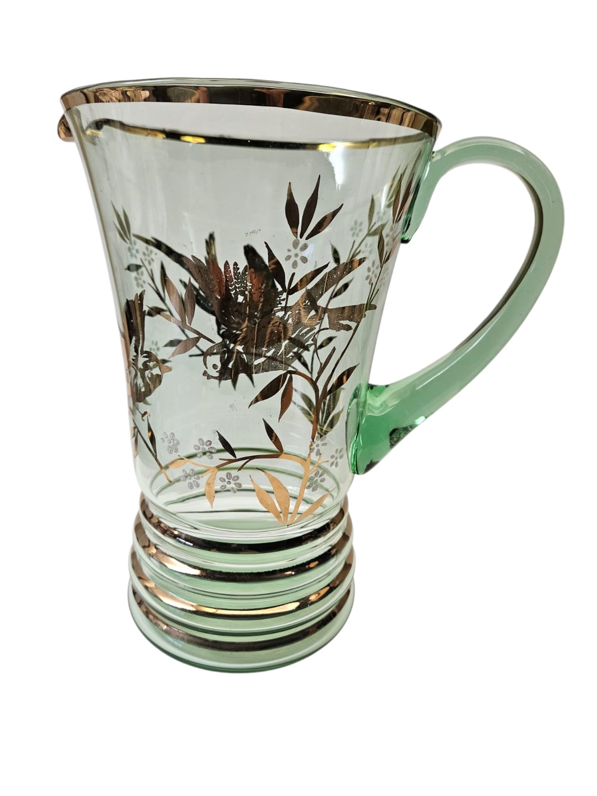 Bohemia Lemonade Suite with 1 green Pitcher and 4 glasses with gold birds and foliage 1950s